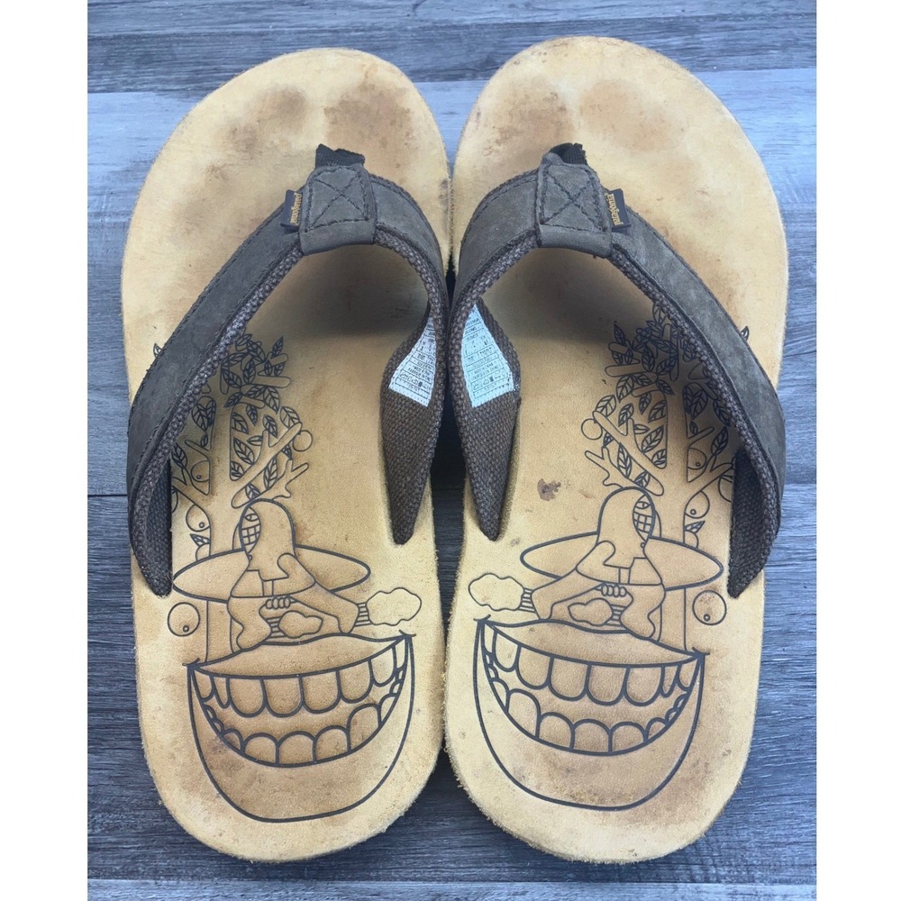 Patagonia Thing Thong Mens 8 Alpaca Brown Leather Surfer Graphic Flip Flops